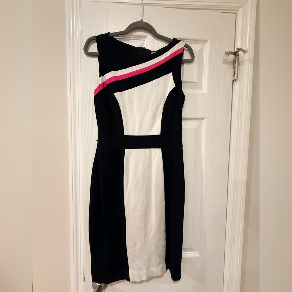 Cache Black and White Midi Dress with Pink Stripe